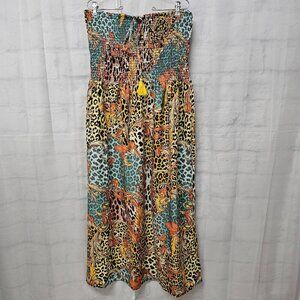NWT Gypsie Blue Orange Green Animal Print Strapless Midi Dress Boho 1X